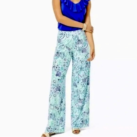 Lilly Pulitzer Pants - Lilly Pulitzer Mint and Navy Floral Wide Leg Pants